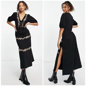 ASOS DESIGN tiered tie front midi dress with floral embroidery in black Sz 8 NEW